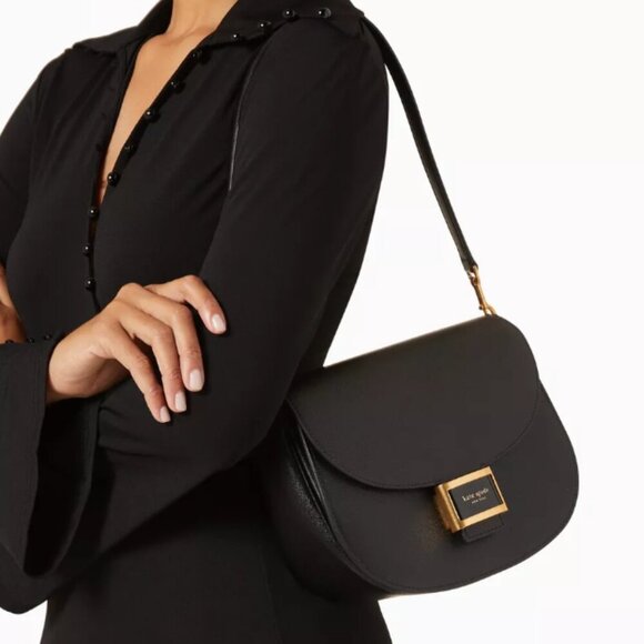 Kate Spade Katy Crossbody Black Leather Saddle Bag Medium Shoulder Bag - Picture 12 of 13